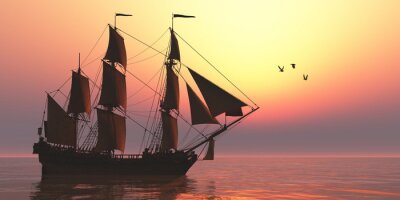 Poster Schiff mit Segeln und Sonnenuntergang