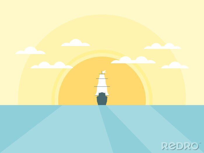 Poster Schiff vor dem Hintergrund der aufgehenden Sonne