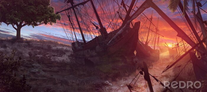 Poster Schiffswrack auf dem Hintergrund des Sonnenuntergangs