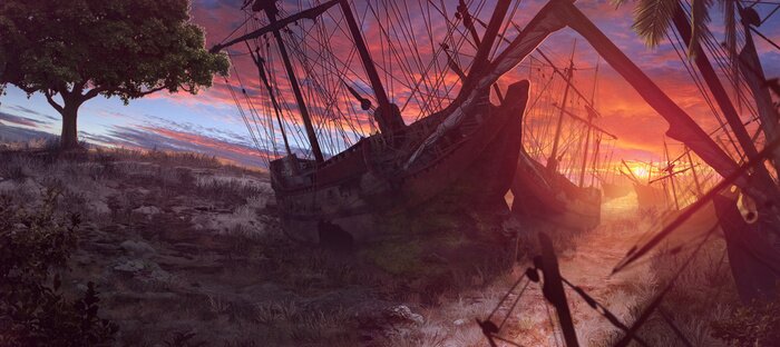 Poster Schiffswrack auf dem Hintergrund des Sonnenuntergangs