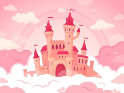 Poster Schloss mit Fahnen in rosa Wolken