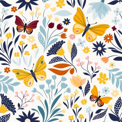 Schmetterlinge, Blumen und Blätter im skandinavischen Stil