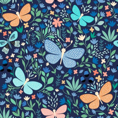 Schmetterlinge mit Tupfen und bunten Blumen