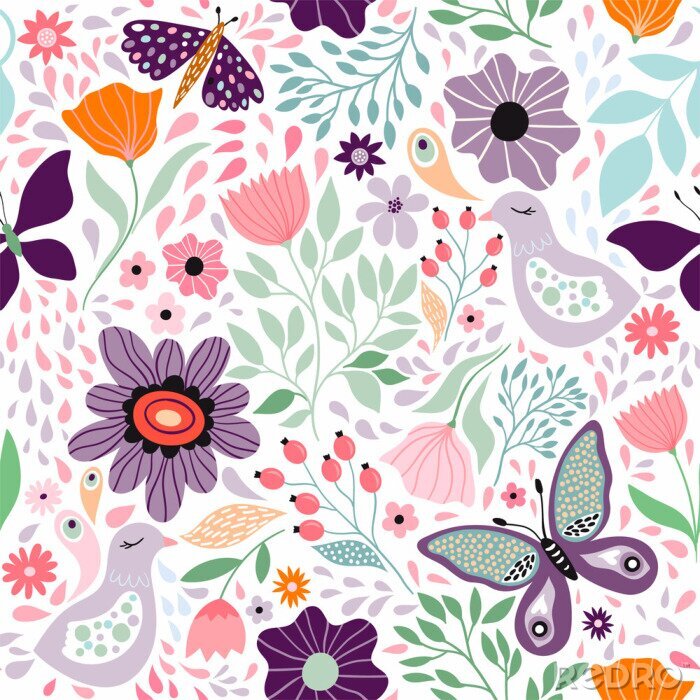 Poster Schmetterlinge, Vögel und mädchenhafte Blumen