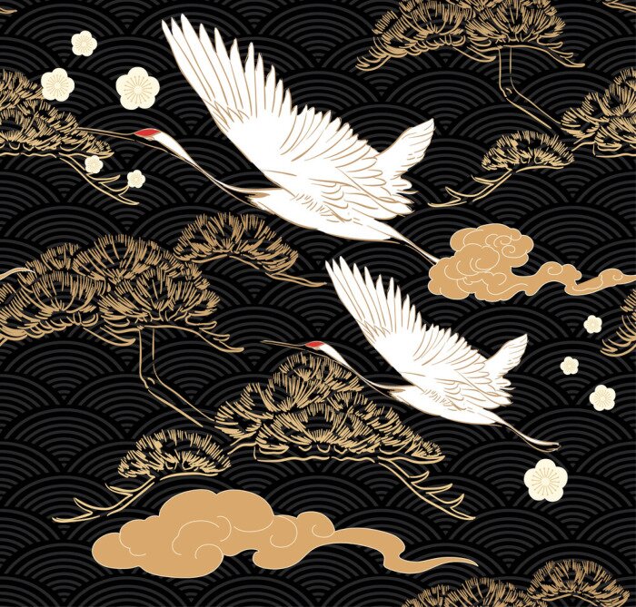 Poster Schöne Kraniche auf orientalischem Hintergrund