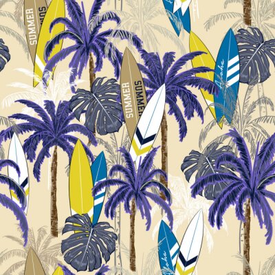Schöne nahtlose Hand, die tropisches Muster mit Palme, Seesommer nahtlos mit Palmen, Inselblättern und Surfbrettern zeichnet