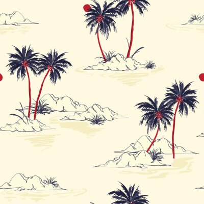 Schöner nahtloser Inselmusterhintergrund. Landschaft mit Palmen, Strand und Ozeanvektor Hand gezeichneten Stil. Auf hellrosa Hintergrund