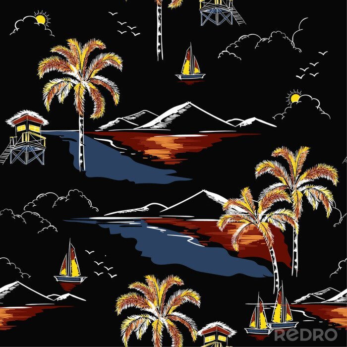 Poster Schöner nahtloser Inselmustervektor Hawaiis. Landschaft mit Palmen, Strand und Ozeanvektor Hand gezeichneten Stil auf schwarzem Farbhintergrund