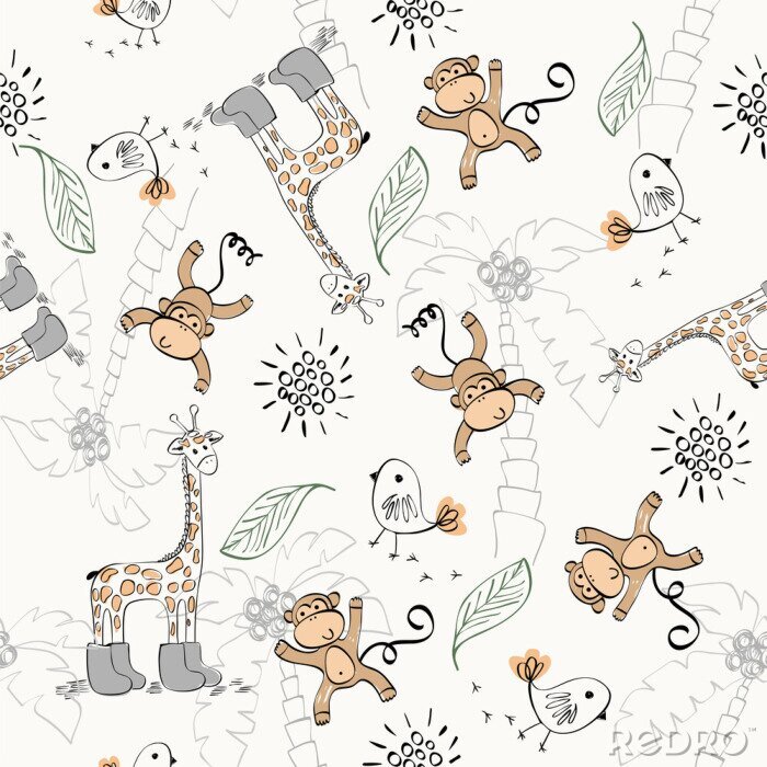 Poster Schönes Muster mit Affen und Giraffen