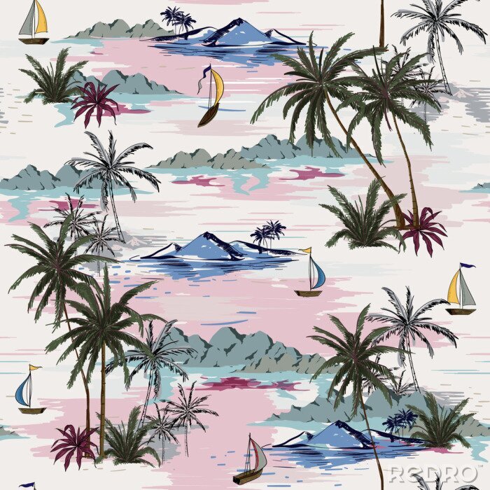 Poster Schönes nahtloses Inselmuster auf weißem Hintergrund. Landschaft mit Palmen, Strand und Ozeanvektor