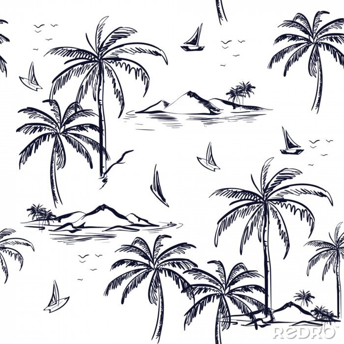 Poster Schönes nahtloses Inselmuster auf weißem Hintergrund. Landschaft mit Palmen, Strand und Ozeanvektor handgezeichneten Stil