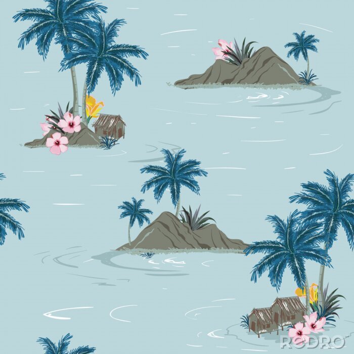Poster Schönes nahtloses tropisches Inselmuster auf grünem Ozeanhintergrund. Landschaft mit Palmen, Strand und Ozeanvektor handgezeichneten Stil