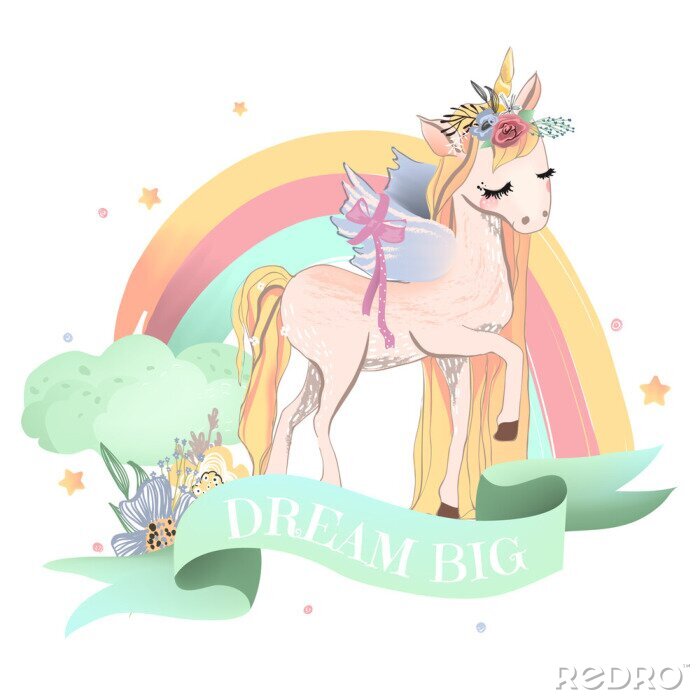 Poster Schönes, träumendes Einhorn mit Blumenkranz (Blumenblumenstrauß) und Flügeln. Regenbogen, bunte Wolken, Blumen und Sterne. Mint farbiges Band mit Zitat