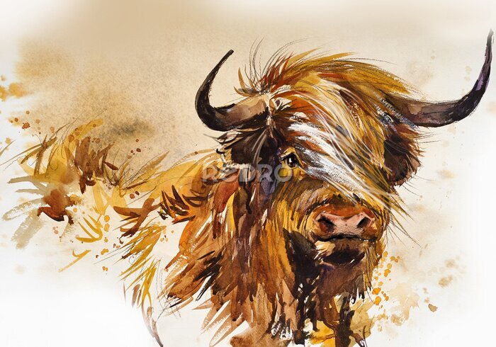 Poster Schottischer Stier mit Aquarellfarben gemalt