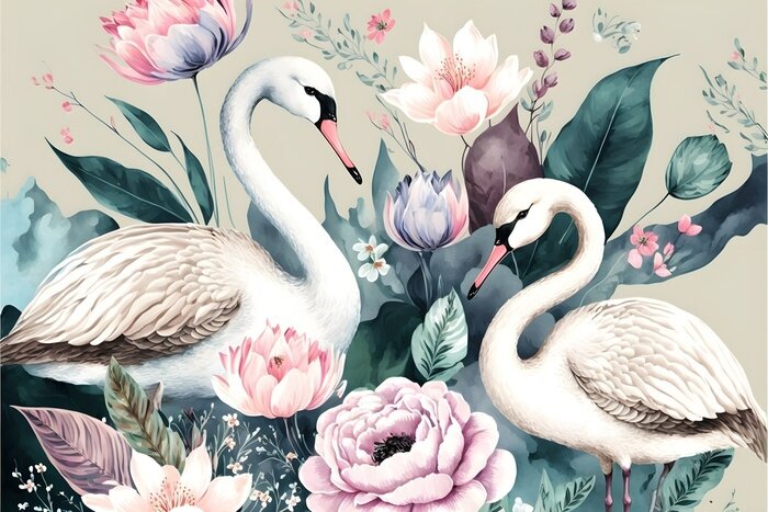 Poster Schwäne zwischen Blumen