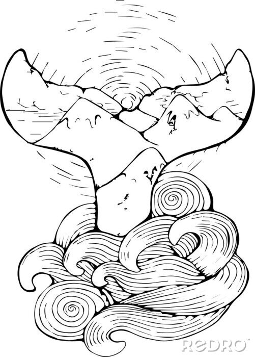 Poster Schwanz eines Wals, der aus den Zeichnungswellen auftaucht