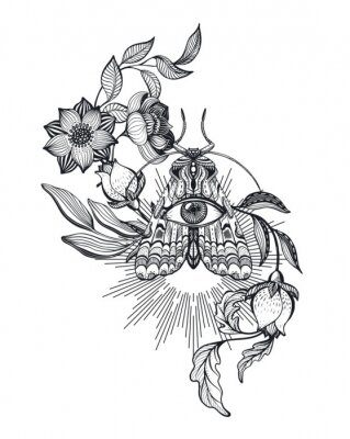 Poster Schwarz-weiß Blumen, Motte und Auge