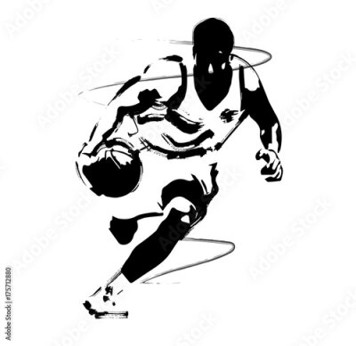Poster Schwarz-Weiß-Grafik eines Basketballspielers in Bewegung