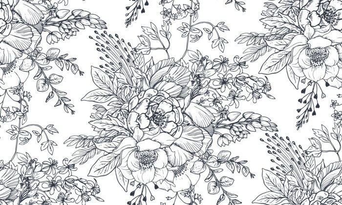 Poster Schwarz-Weiß Muster mit Blumen