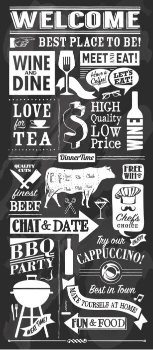 Poster Schwarz-Weiß-Tafel über Lebensmittel