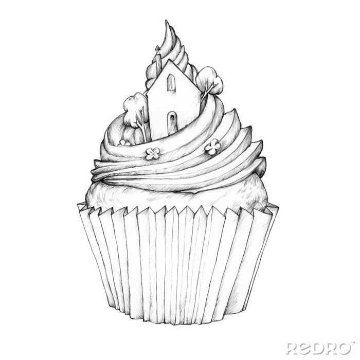 Poster Schwarz-Weiß-Zeichnung eines Muffins mit einem Haus