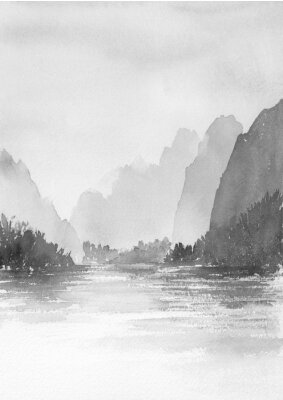 Poster Schwarz-Weiß Zeichnungen: Berge und Meer