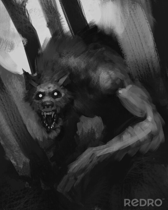Poster Schwarz-weiße Fantasy-Illustration Werwolf