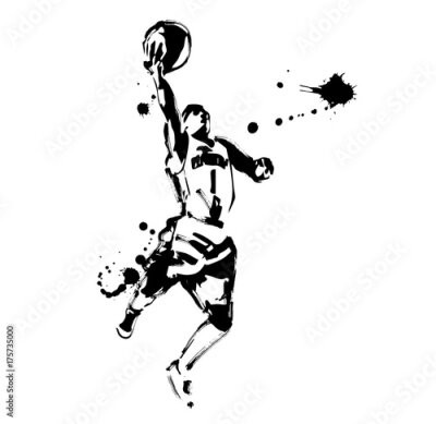 Fototapete Schwarz-weiße Silhouette eines Basketballspielers in Aquarell