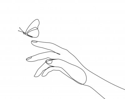 Schwarz-weiße Zeichnung einem Schmetterling reichende Hand