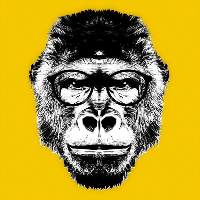 Poster Schwarz-weißer Affenkopf mit Brille auf gelbem Hintergrund