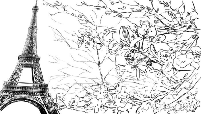 Poster Schwarz-weisser Blick auf Eiffelturm