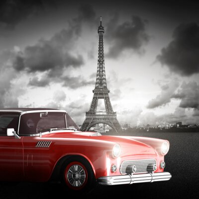 Schwarz-weißer Eiffelturm und rotes Auto