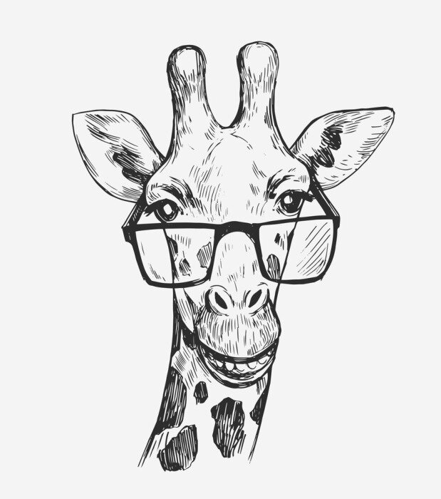 Poster Schwarz-weißer Giraffenkopf mit Brille