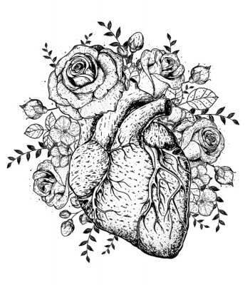 Poster Schwarz-weißes Herz, bewachsen mit Rosen