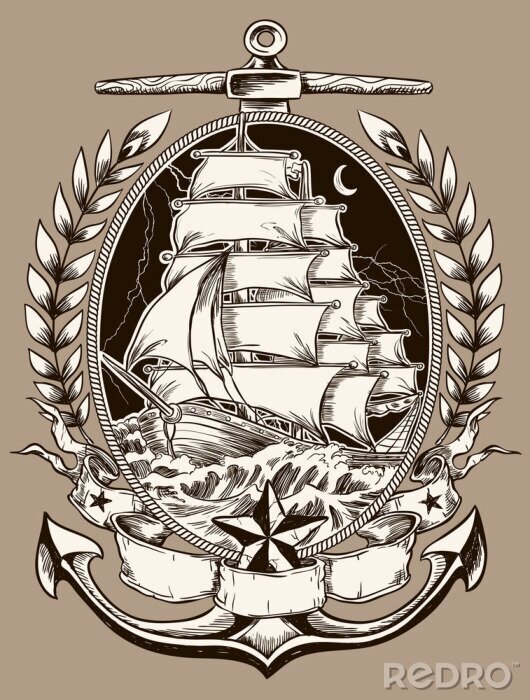 Poster Schwarz-weißes Piratenschiff