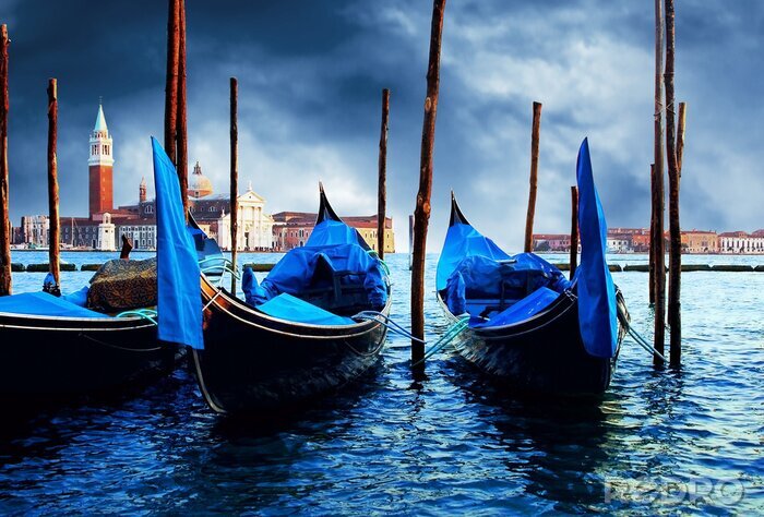 Poster Schwarze Gondeln im venezianischen Hafen