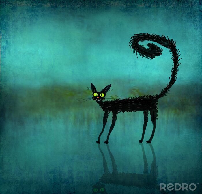 Poster Schwarze Katze auf blauem Hintergrund