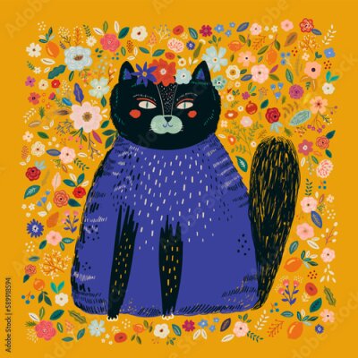 Poster Schwarze Katze unter bunten Blumen