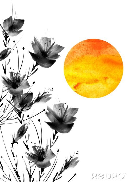 Poster Schwarze Mohnblumen und orange-gelbe Sonne