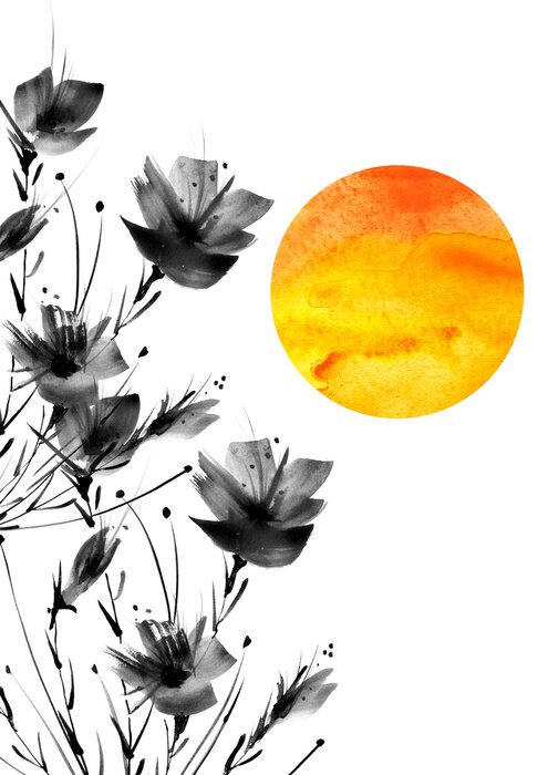 Poster Schwarze Mohnblumen und orange-gelbe Sonne