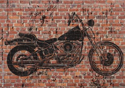 Poster Schwarze Motorradgraffiti vor einer roten Backsteinmauer
