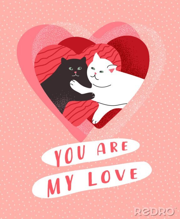 Poster Schwarze und weiße Katze in Herzen eingebettet