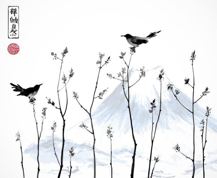 Poster Schwarze Vögel in den Bäumen