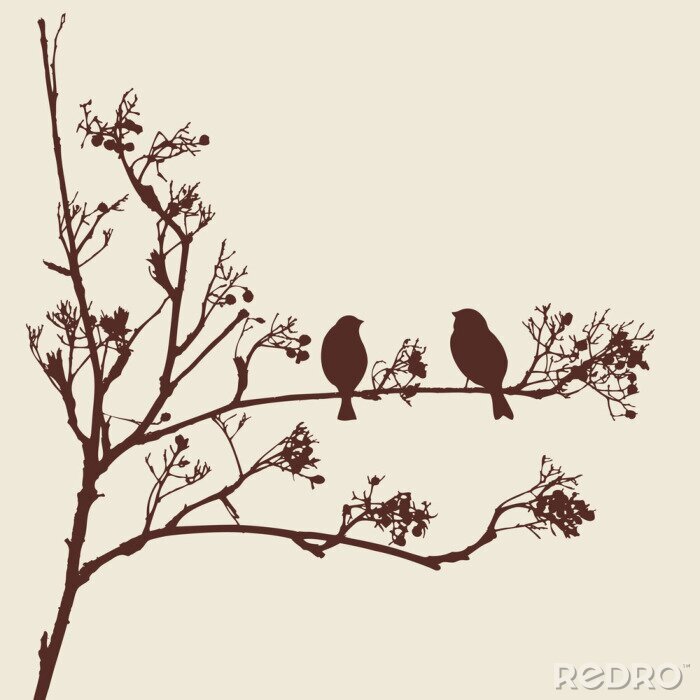 Poster Schwarze Vogelsilhouetten auf dem Baum