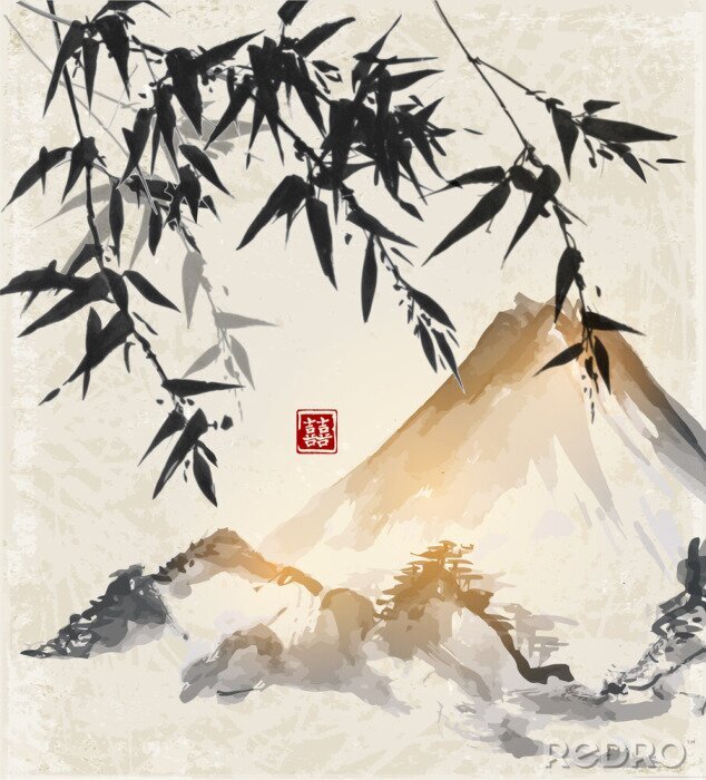 Poster Schwarzer Bambus vor dem Hintergrund des Aquarell-Berges