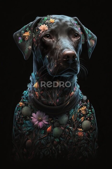 Poster Schwarzer Hund mit Blumen
