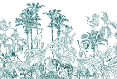 Fototapete Seamless Border Animals in Tropical Forest with Banana Palms Blue on White background, Lithography Jungle Wallpaper Mural, Wildlife High End Back Drop Heron, Crane, Tiger, Leopard in Exotic Plants