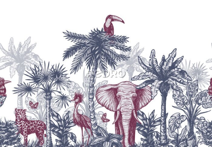 Poster Seamless border with graphical tropical tree such as palm, banana and jungle animals. Vector.