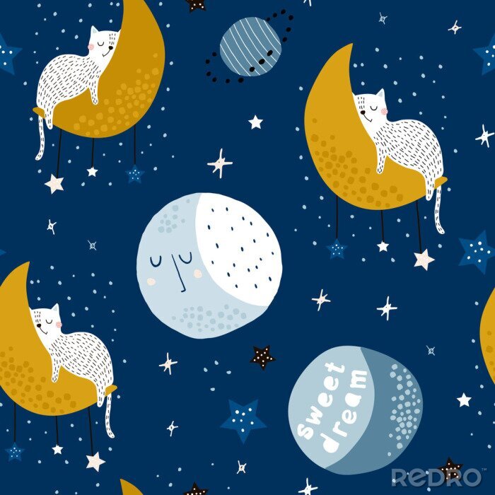 Poster Seamless childish pattern with cats on moons and starry sky. Creative kids texture for fabric, wrapping, textile, wallpaper, apparel. Vector illustration