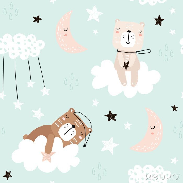 Poster Seamless childish pattern with cute bears on clouds, moon, stars. Creative scandinavian style kids texture for fabric, wrapping, textile, wallpaper, apparel. Vector illustration